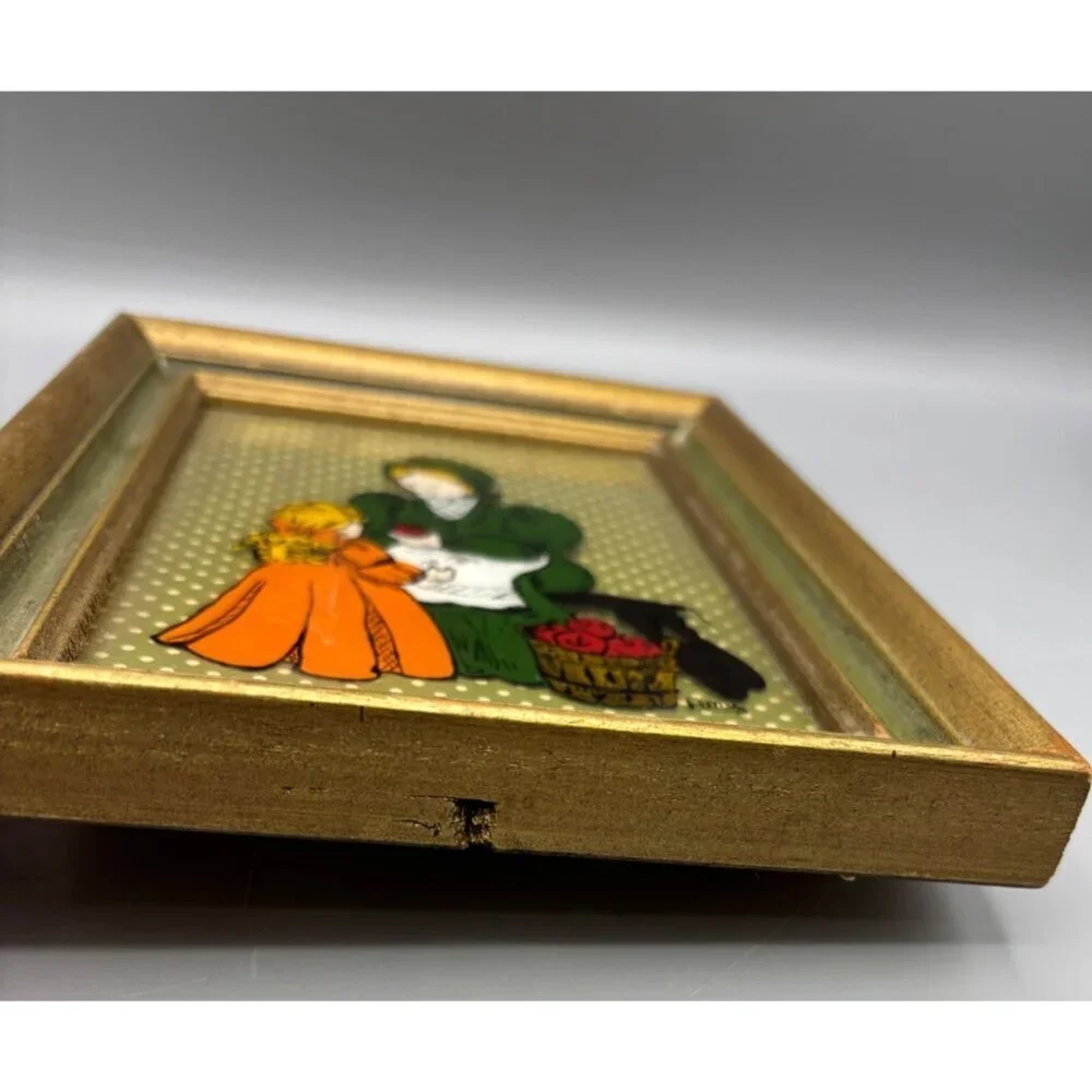 Vtg Reverse Hand Painted Glass Art With‎ Wooden Frame Mother Child